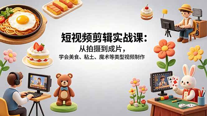 (5.9)短视频剪辑实战课：从拍摄到成片，学会美食、粘土、魔术等类型视频制作